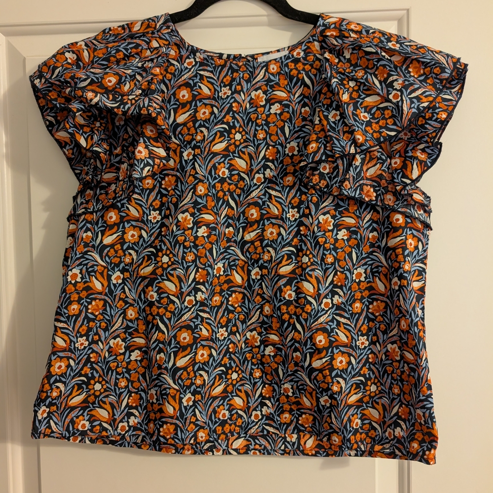 SLV Sur La Vague Orang And Navy Floral Ruffle‎ Sleeve Blouse